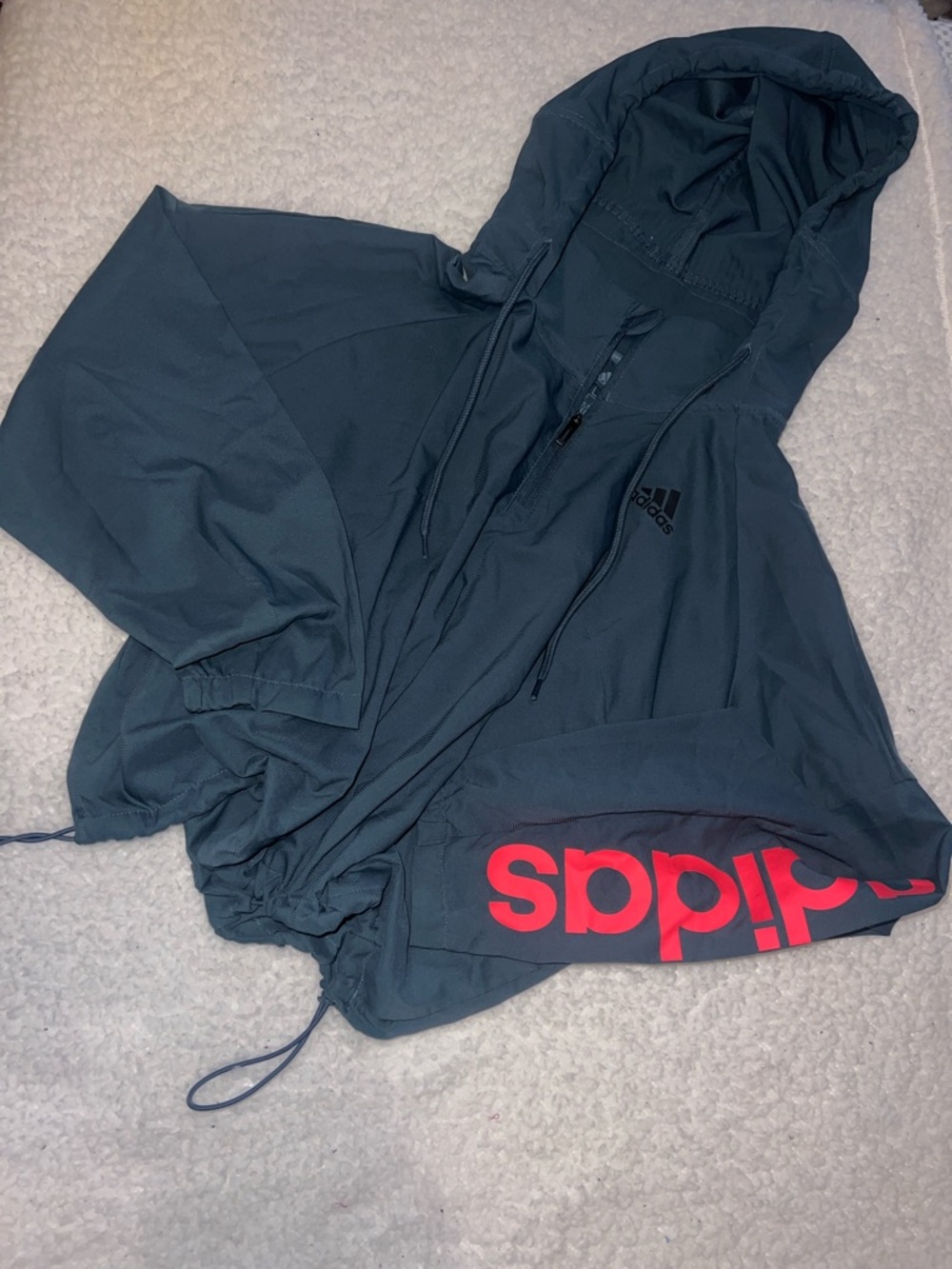 adidas Dark Blue Hooded Windbreaker with Red Logo Accent